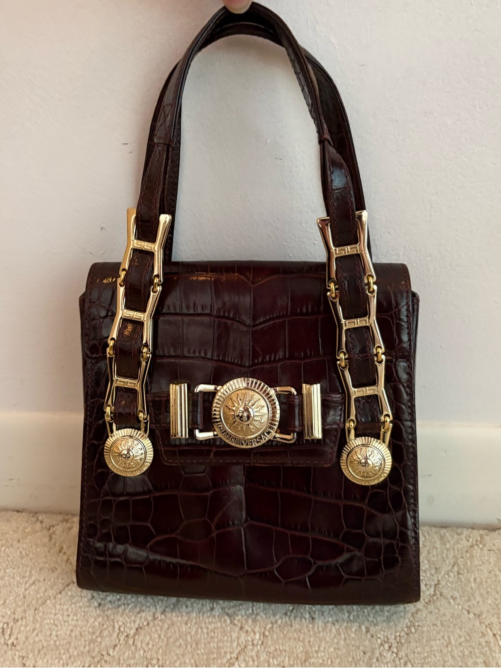 Gianni Versace Croc-Embossed Dark Brown Top-Handle Bag with Gold Hardware